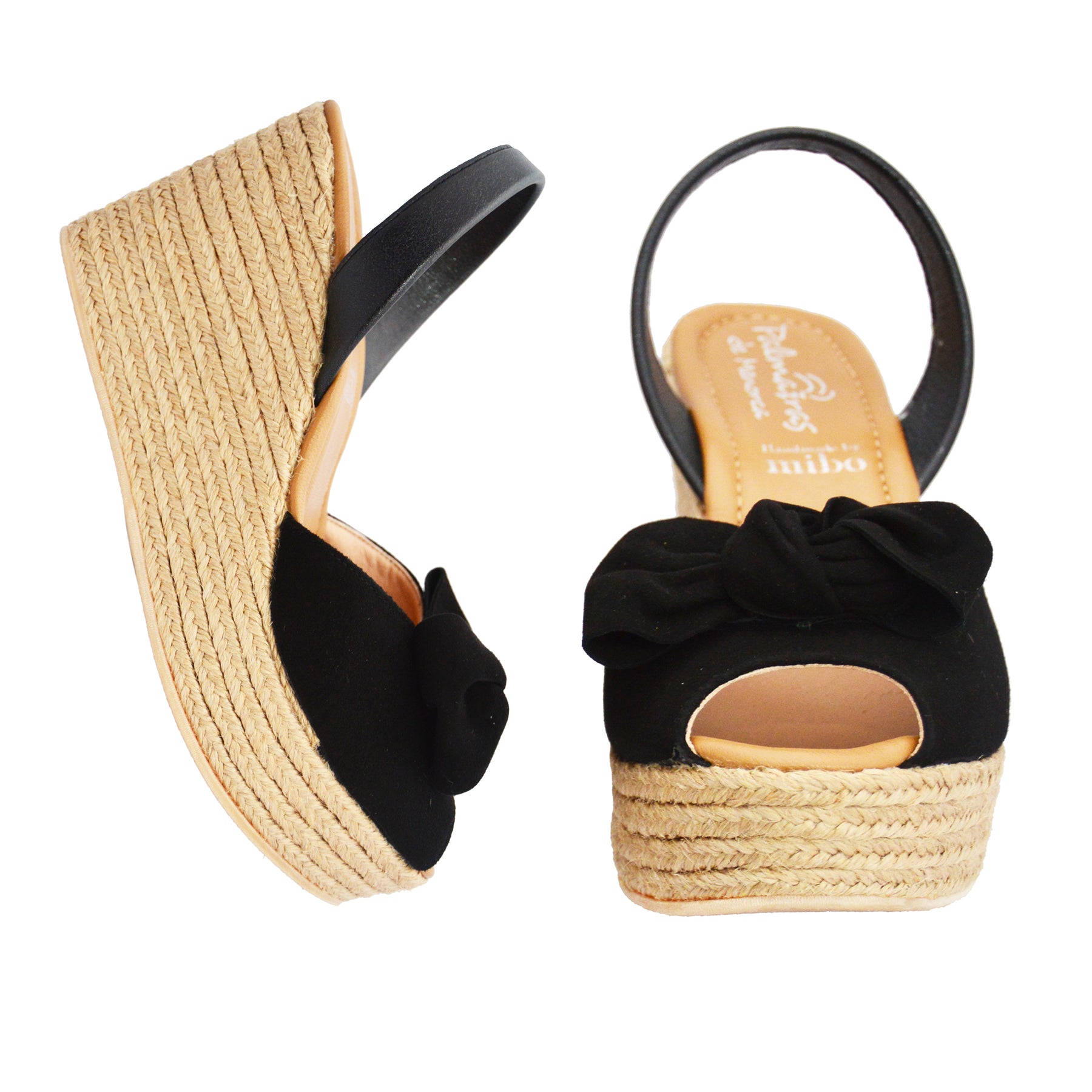 Mid Height Espadrille Wedge Avarca Slingback Sandals in Black Suede with Bow Embellishment