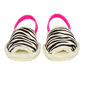 zebra print leather and neon pink heelstrap Menorcan avarca sandal slippers with wool lining