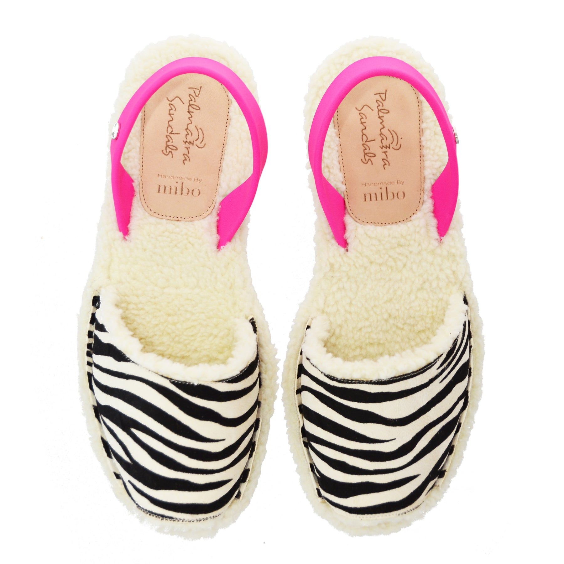 zebra print leather and neon pink heelstrap Menorcan avarca sandal slippers with wool lining