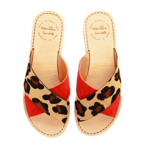 leopard print and red suede strappy crossover slider flat sandals