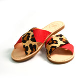 leopard print and red suede strappy crossover slider flat sandals