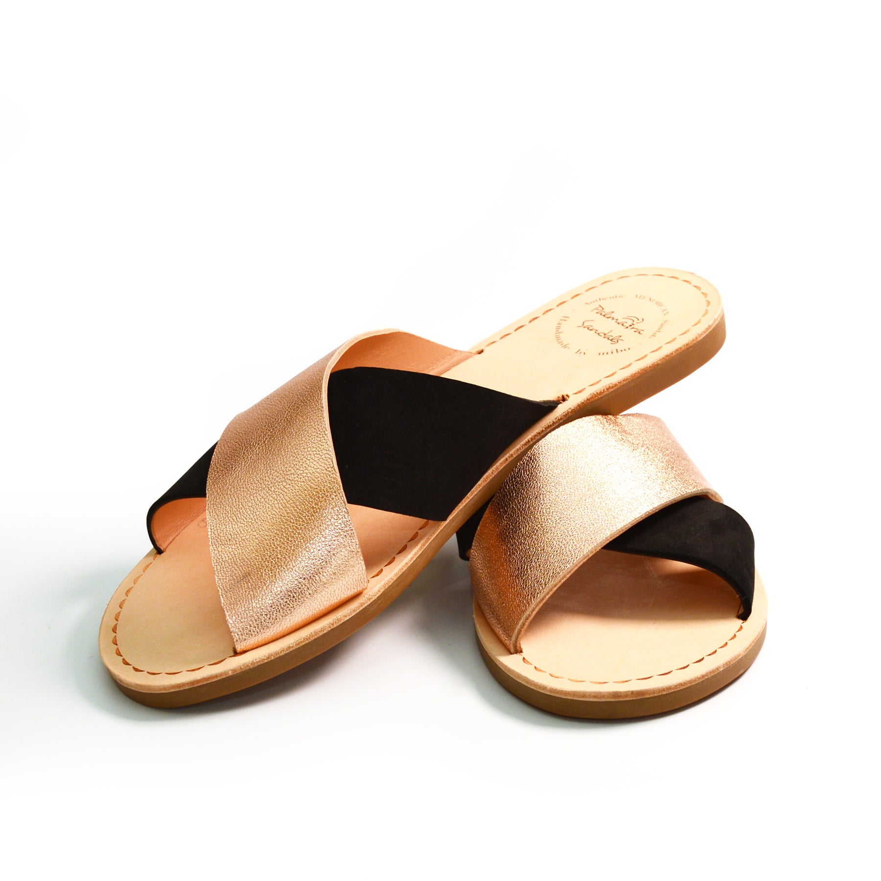 black suede and rose gold metallic straps on a flat crossover slide sandals