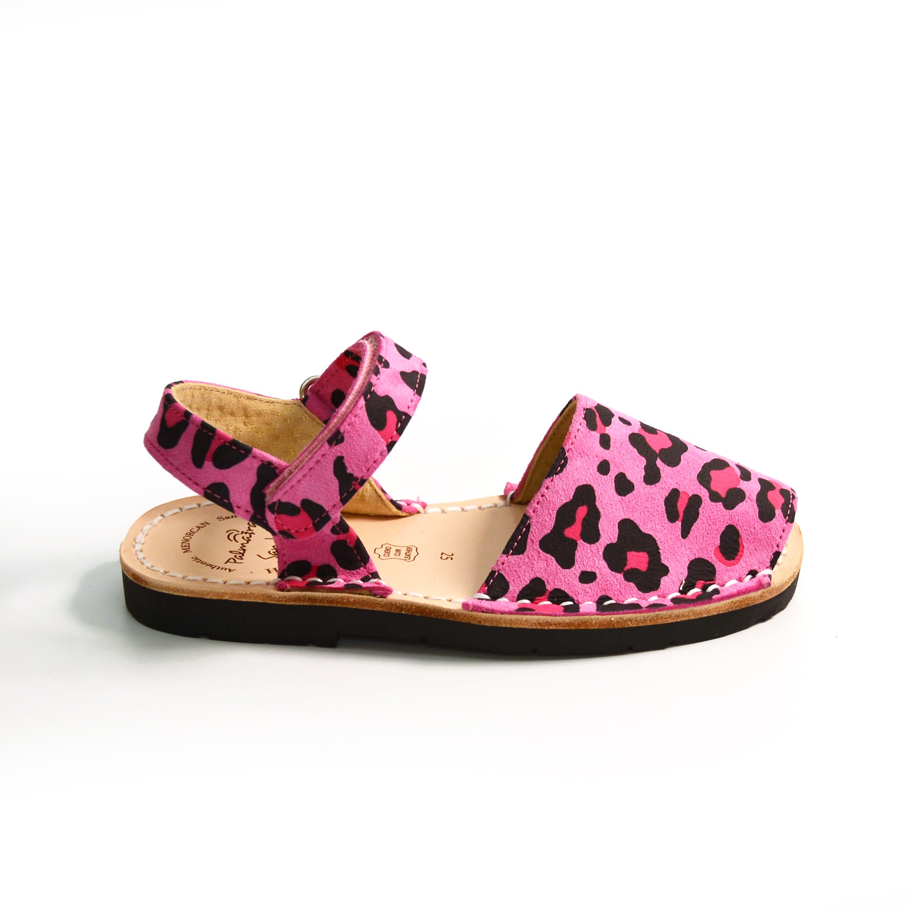Pink leopard print kids hook and loop spanish Menorcan avarcas sandals