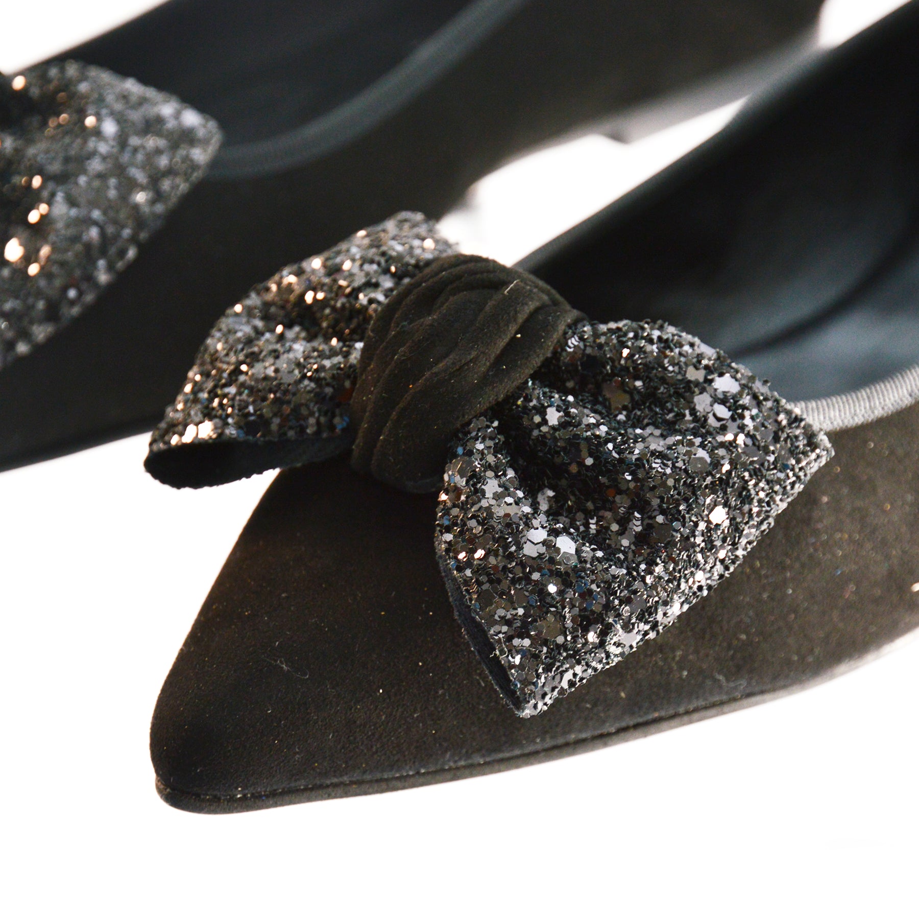 Black Suede Glitter Bow Flat Ballet Pumps