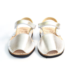 Soft silver leather kids hook and loop Spanish Menorcan avarcas sandals