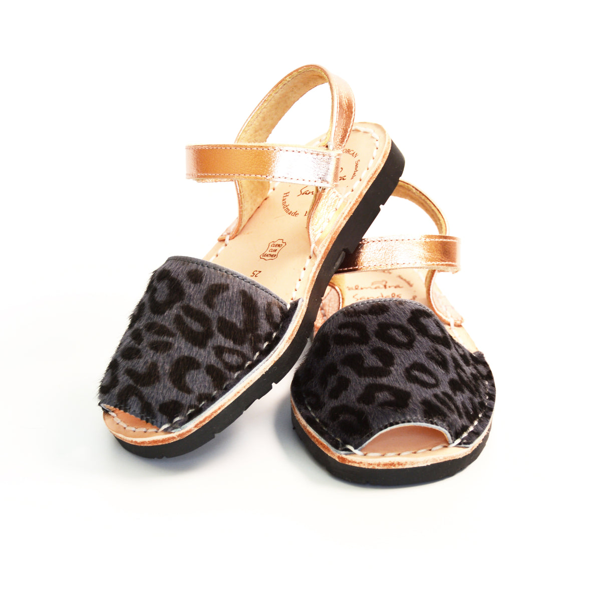 grey leopard print rose gold kids hook and loop spanish menorcan avarcas velcro sandals