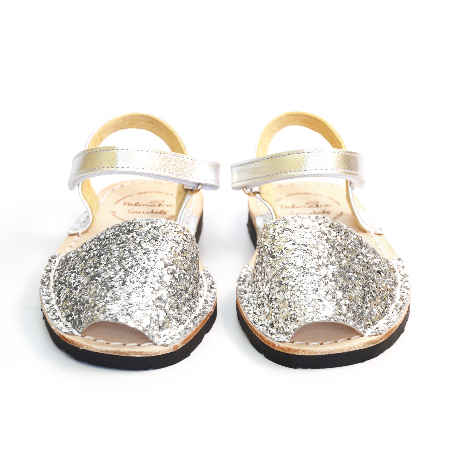 Silver glitter hook and loop kids spanish menorcan avarcas sandals