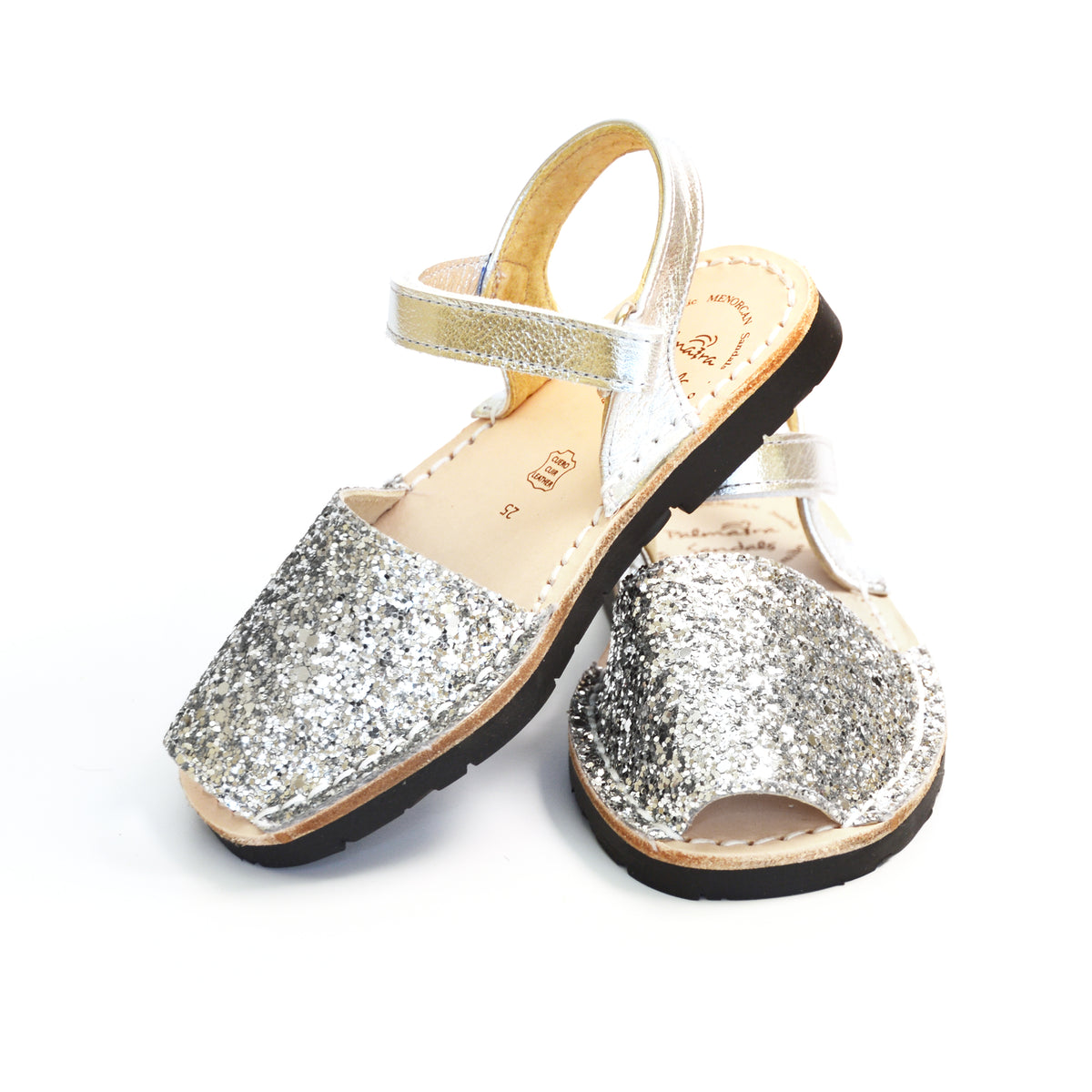 Silver glitter hook and loop kids spanish menorcan avarcas sandals