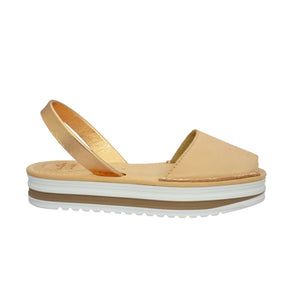 neutral suede upper with a gold backstrap on a sporty lightweight platfrom sole menorcan avarcas sandals