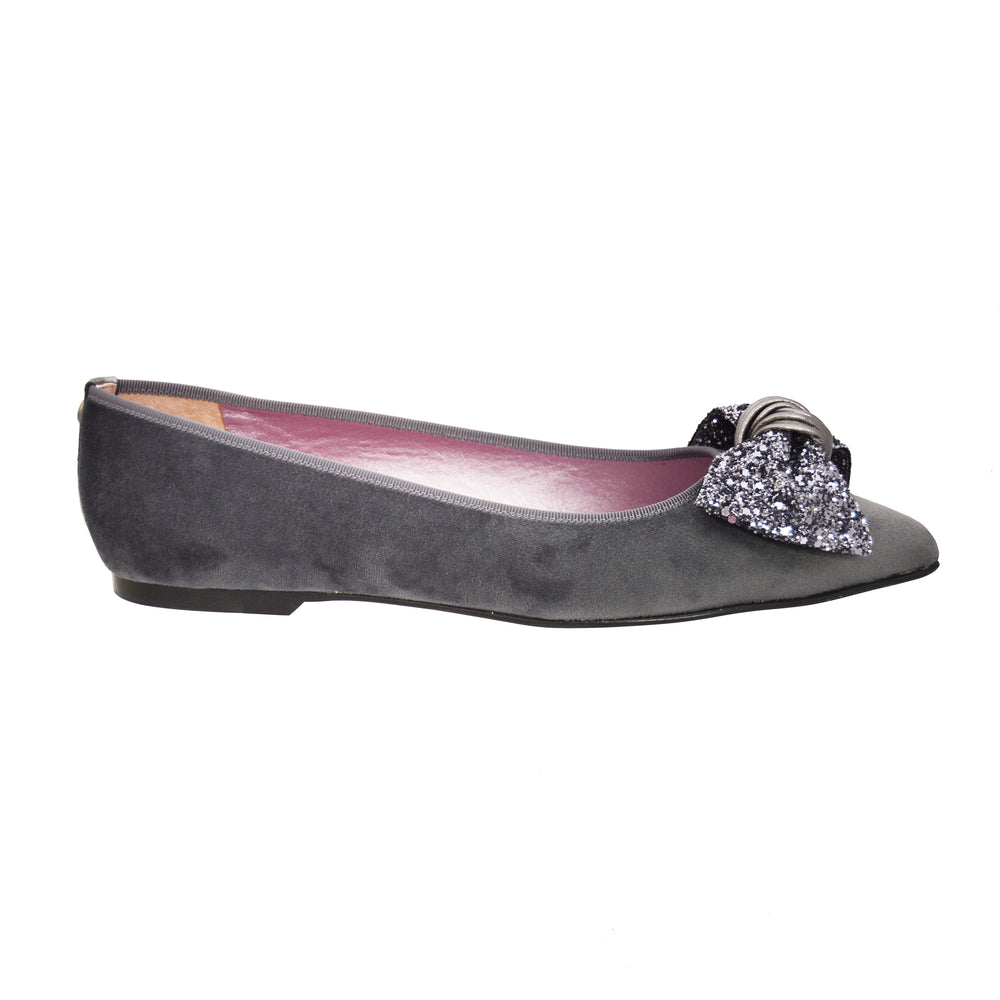 Darcey Ballet Pumps grey velvet bow flat shoes - Palmaira Sandals ...