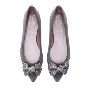 grey velvet ballet pumps with grey glitter bow and pink leather lining flat shoes