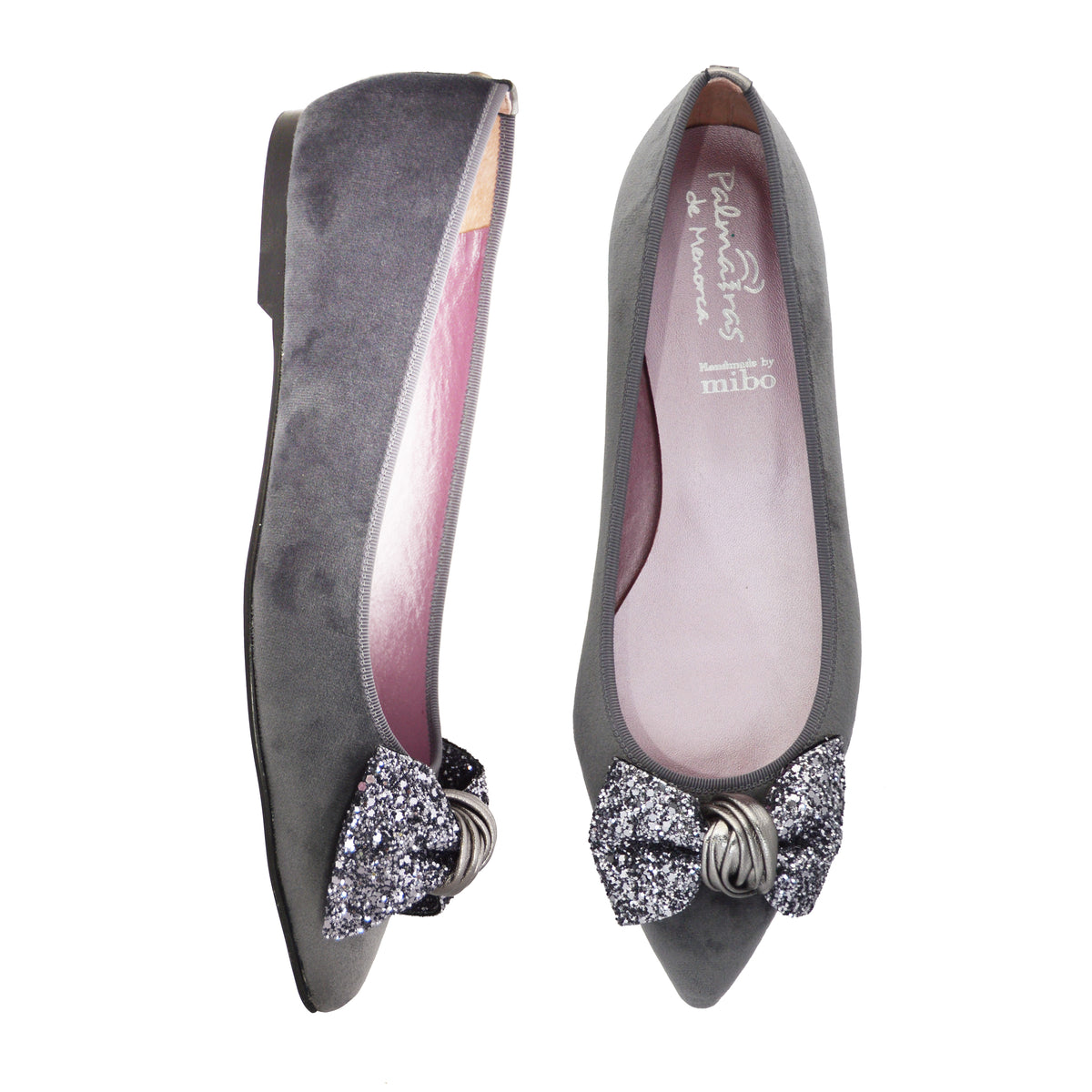 grey velvet ballet pumps with grey glitter bow and pink leather lining flat shoes
