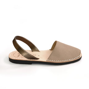 taupe nubuck menorcan avarcas sandals with metallic pewter heelstrap