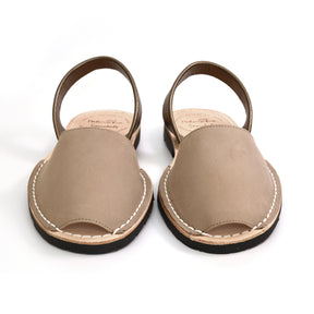 taupe nubuck spanish menorcan avarcas sandals with metallic pewter heelstrap