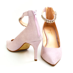 Lilac suede stiletto heels with diamante embellished ankle strap