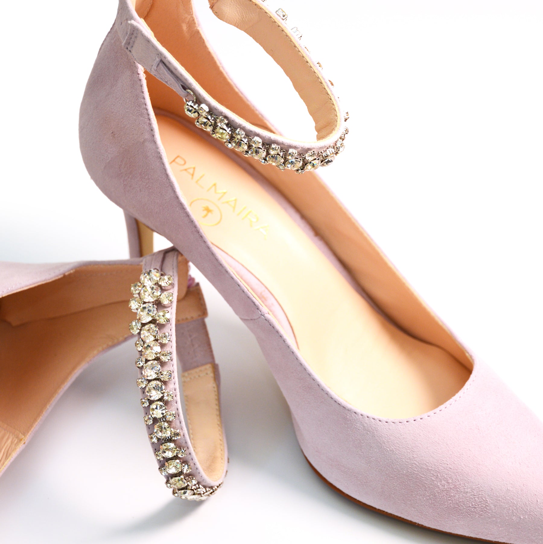 Lilac suede stiletto heels with diamante embellished ankle strap