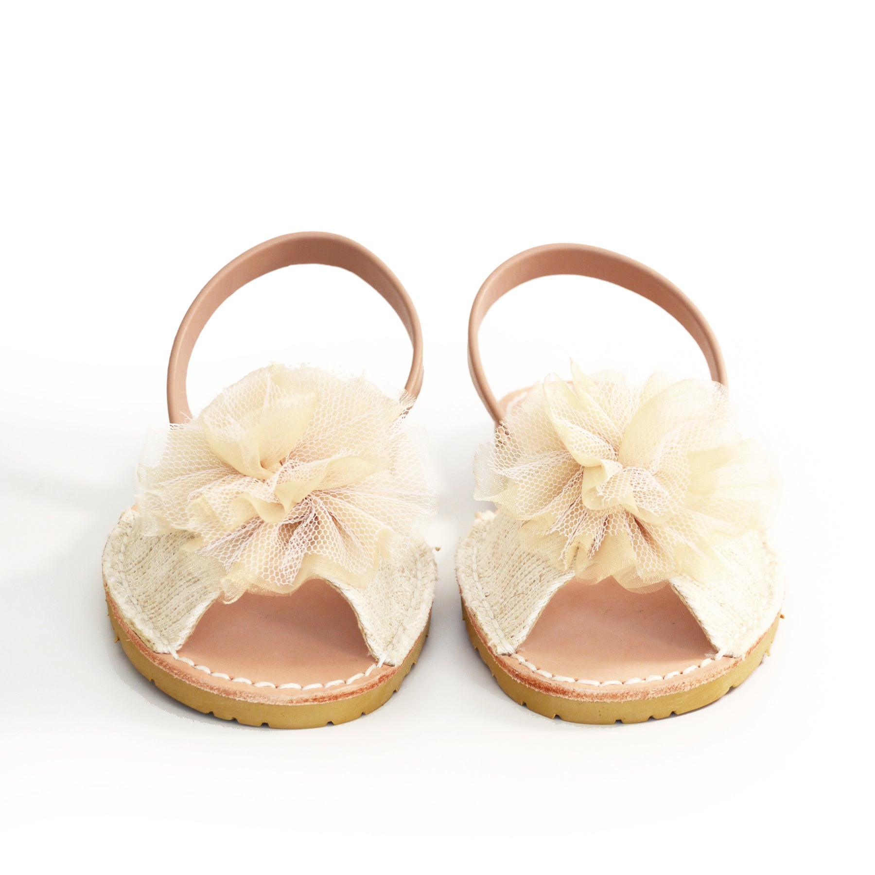 cream linen upper with tulle pompom peeptoe slingback spanish menorcan avarcas sandals