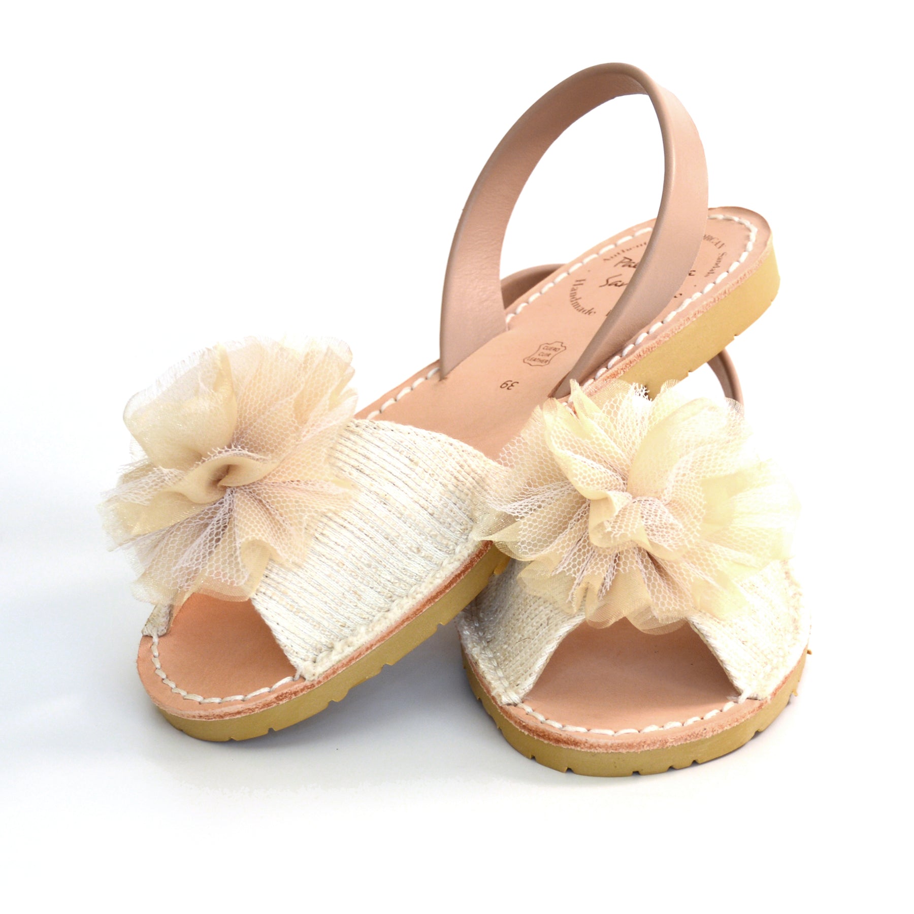 cream linen upper with tulle pompom peeptoe slingback spanish menorcan avarcas sandals