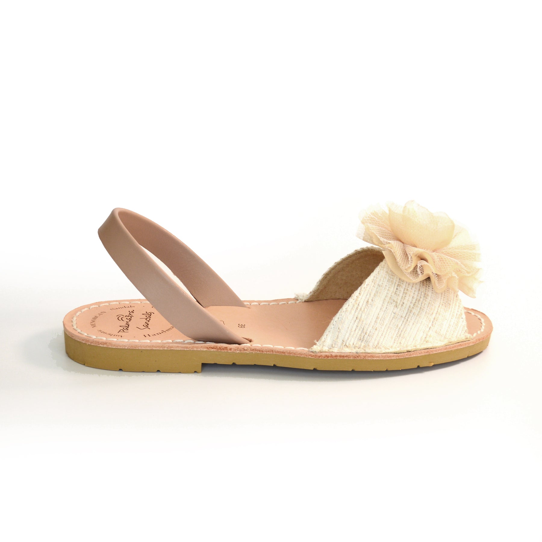 cream linen upper with tulle pompom peeptoe slingback spanish menorcan avarcas sandals