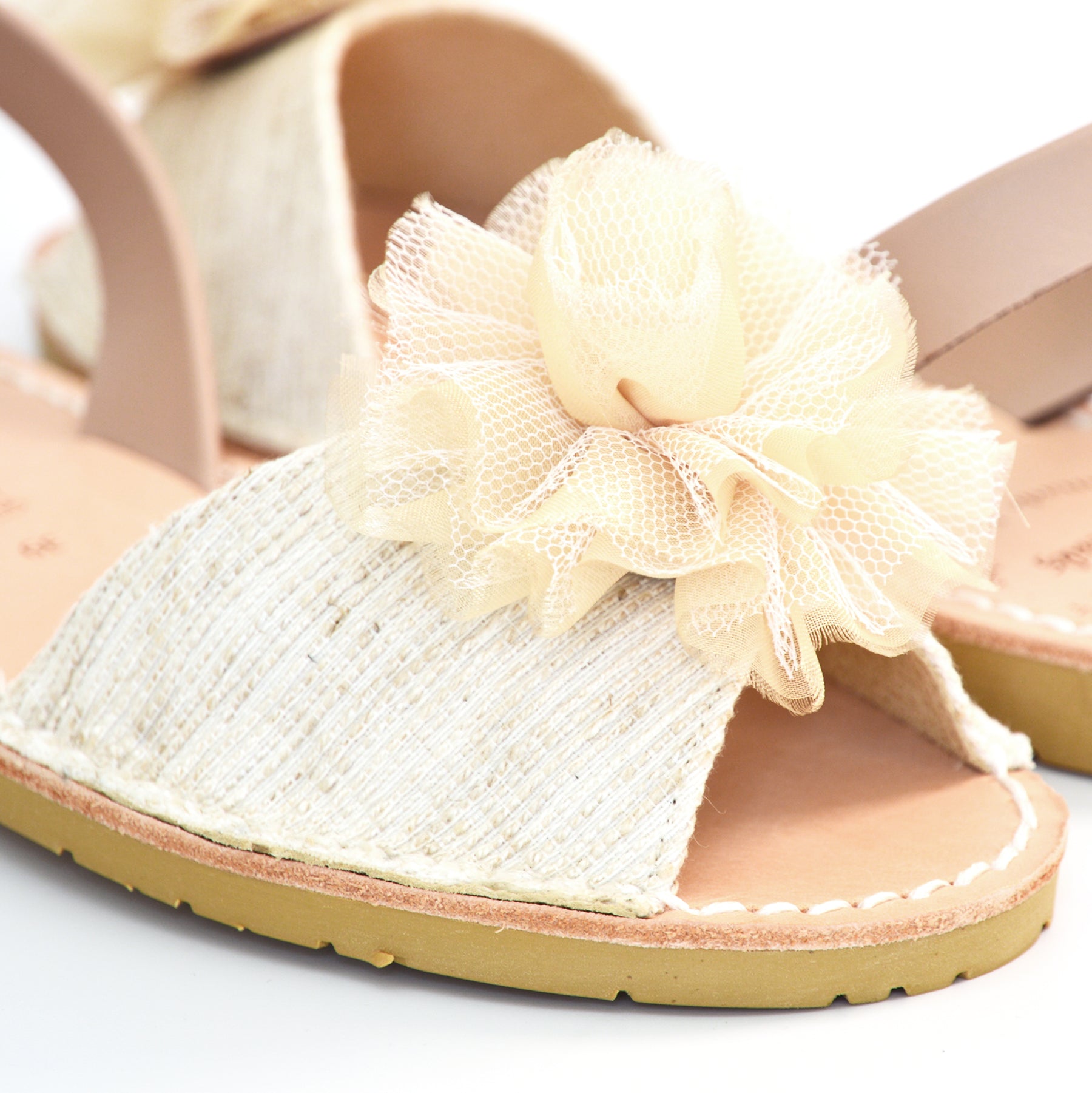 cream linen upper with tulle pompom peeptoe slingback spanish menorcan avarcas sandals