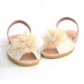 cream linen upper with tulle pompom peeptoe slingback spanish menorcan avarcas sandals