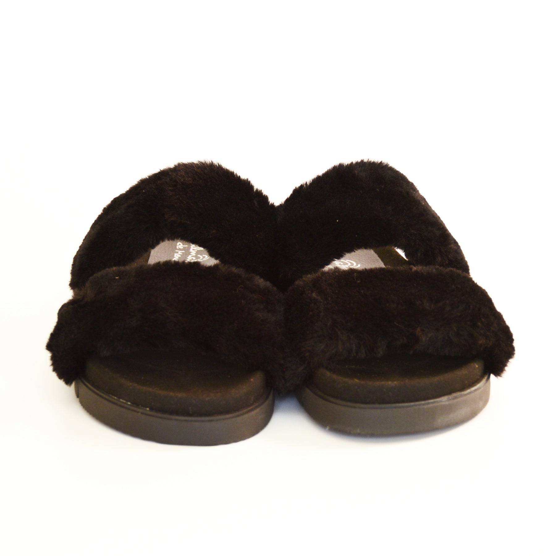 black faux fur fluffy two strap sliders with arch support ergonomic innersole sandals