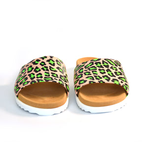neon green and neutral flat leather arch support slider sandals