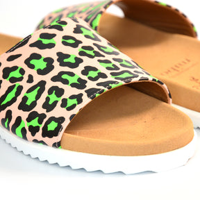 neon green and neutral flat leather arch support slider sandals