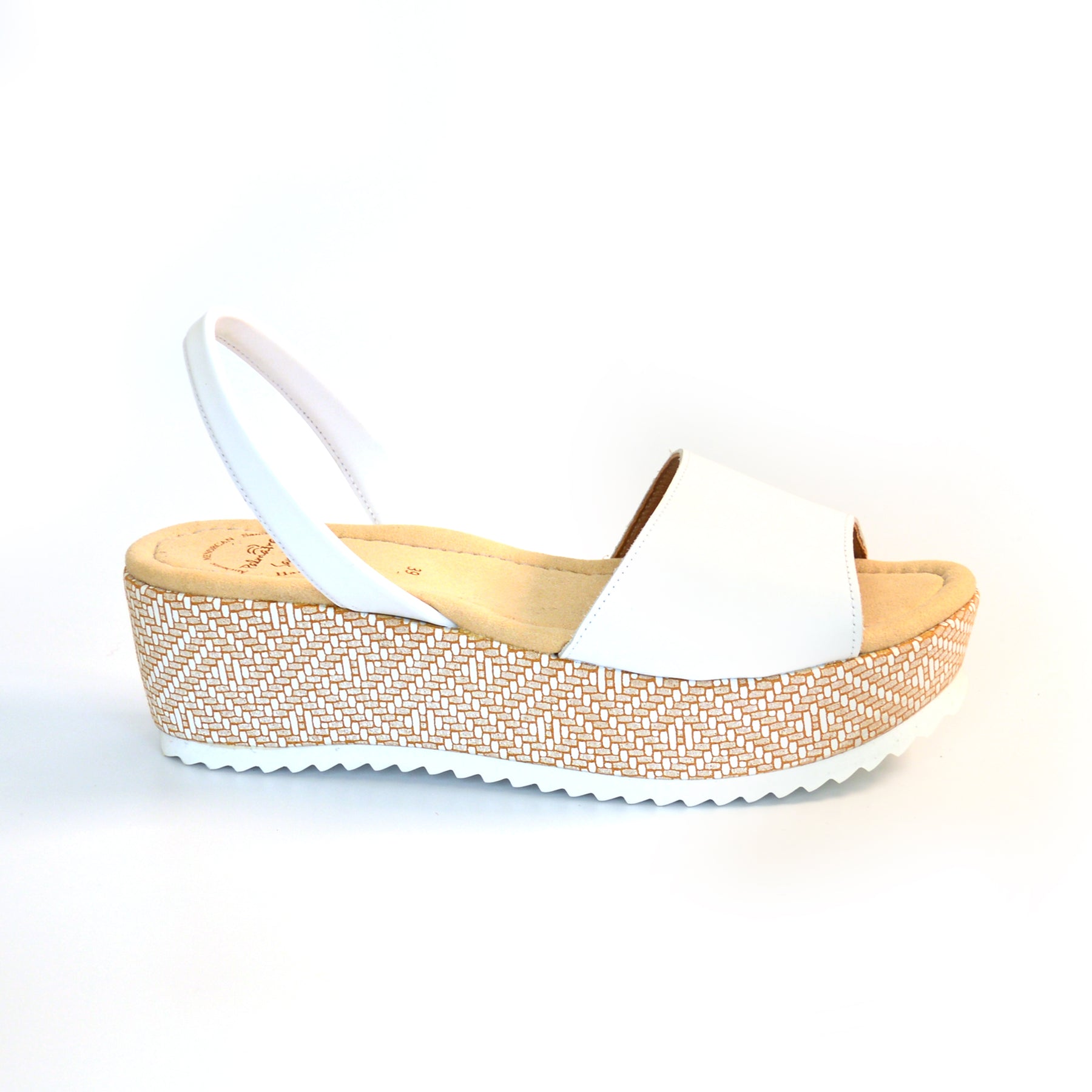 white  leather mid height wedge peeptoe  with slingback and aztec detail on heel avarcas sandals