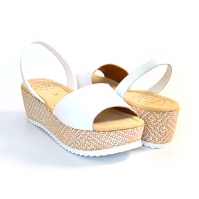 white  leather mid height wedge peeptoe  with slingback and aztec detail on heel avarcas sandals