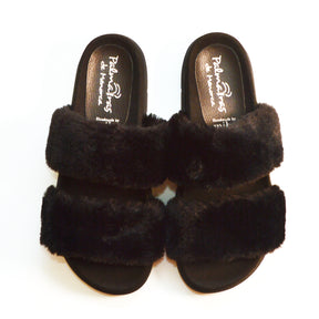 black faux fur fluffy two strap sliders with arch support ergonomic innersole sandals