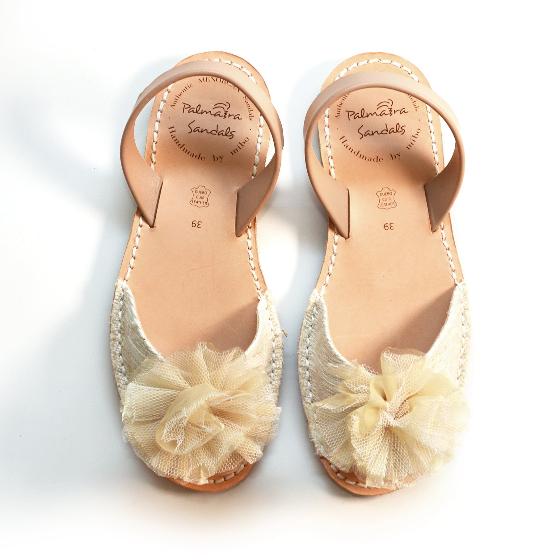 cream linen upper with tulle pompom peeptoe slingback spanish menorcan avarcas sandals