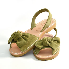 green suede peeptoe sandals with bow slingback avarcas menorcan spanish sandals