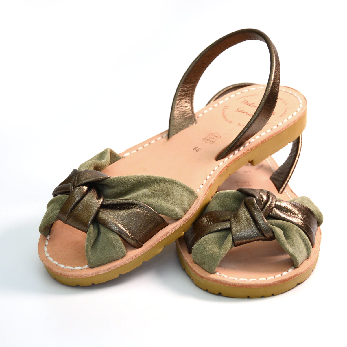 green suede and metallic pewter leather strappy knot detail peeptoe menorcan spanish avarcas sandals