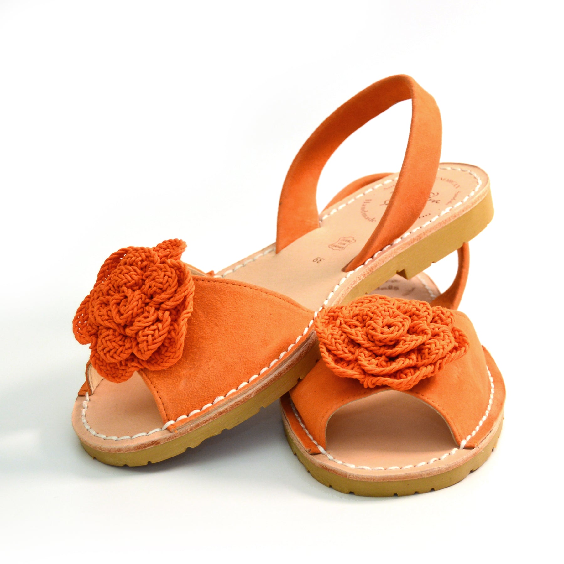 orange suede peeptoe slinback with a flower embellishment avarcas menorcan sandals