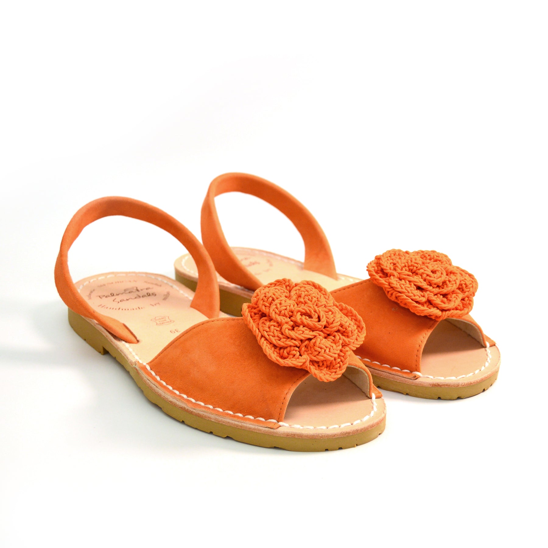 orange suede peeptoe slinback with a flower embellishment avarcas menorcan sandals