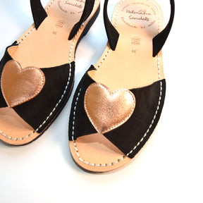 Black nubuck leather peeptoe menorcan avarca with rose gold metallic heart embellishment to upper and  flexible rubber sole