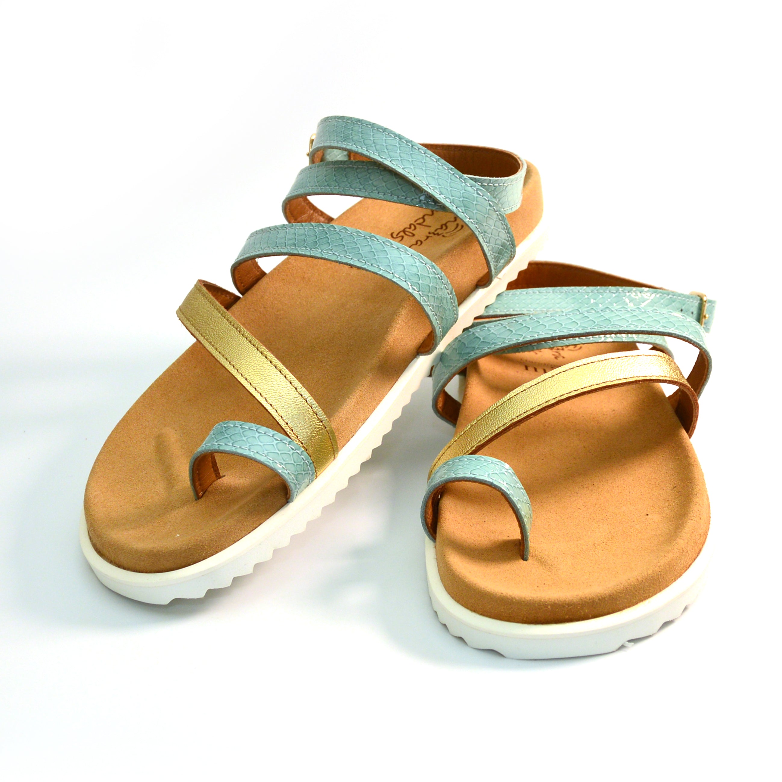 Mykonos gladiator sandals turquoise and gold metallic leather strappy