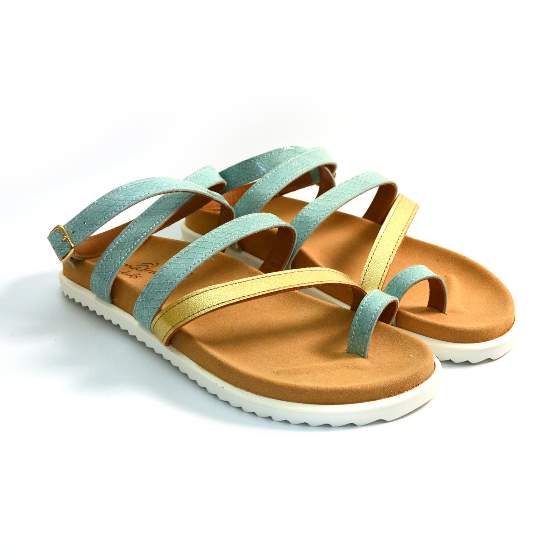 blue and gold strappy arch support gladiator sandals