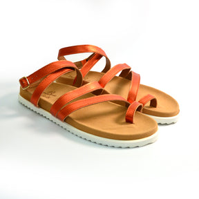 orange metallic leather strappy arch support gladiator sandals