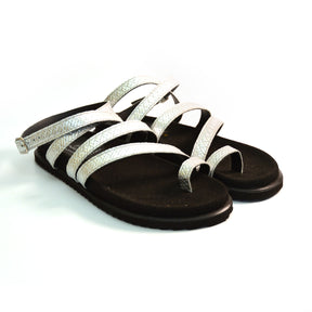 silver embossed leather strappy arch support gladiator sandals