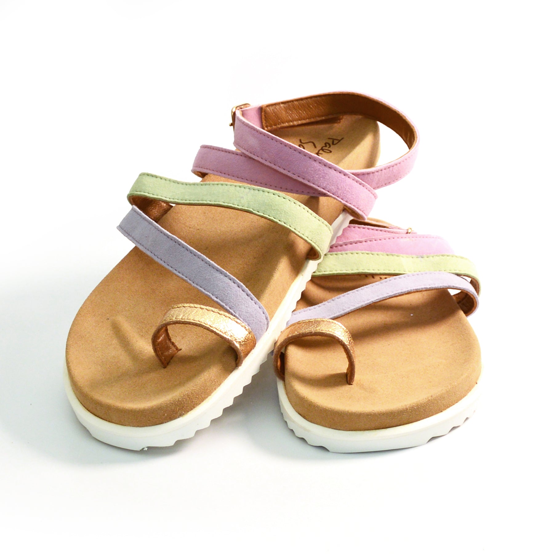 gold,lilac,pink and green strappy gladiator arch support sandals