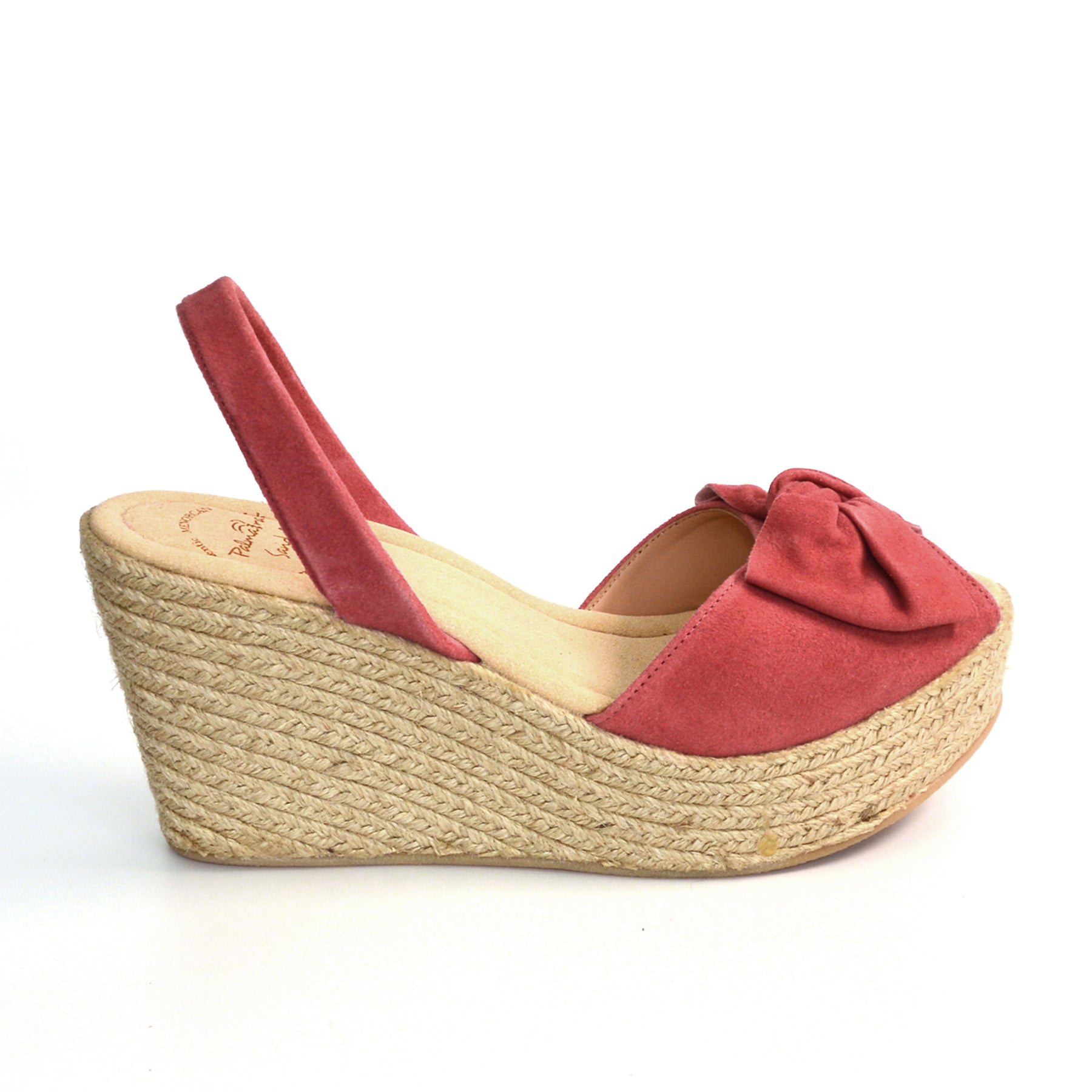 dusky pink suede leather with bow embellishment high espadrille wedge avarca sandals