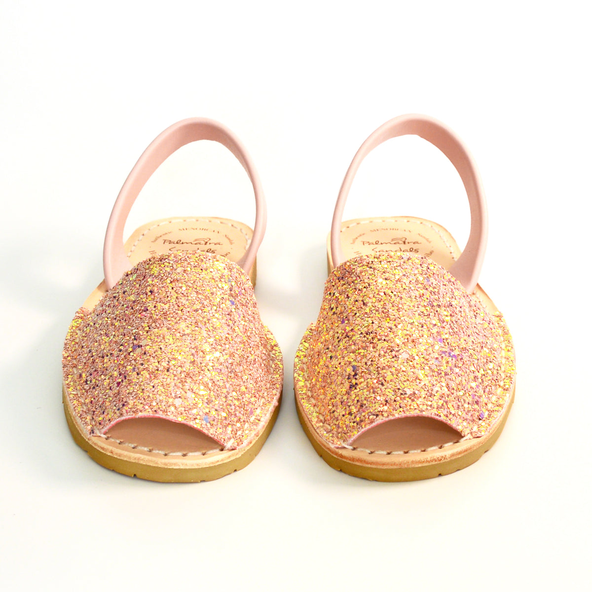 Iridescent peachy pink multi glitter avarcas pale pink spanish sandals 