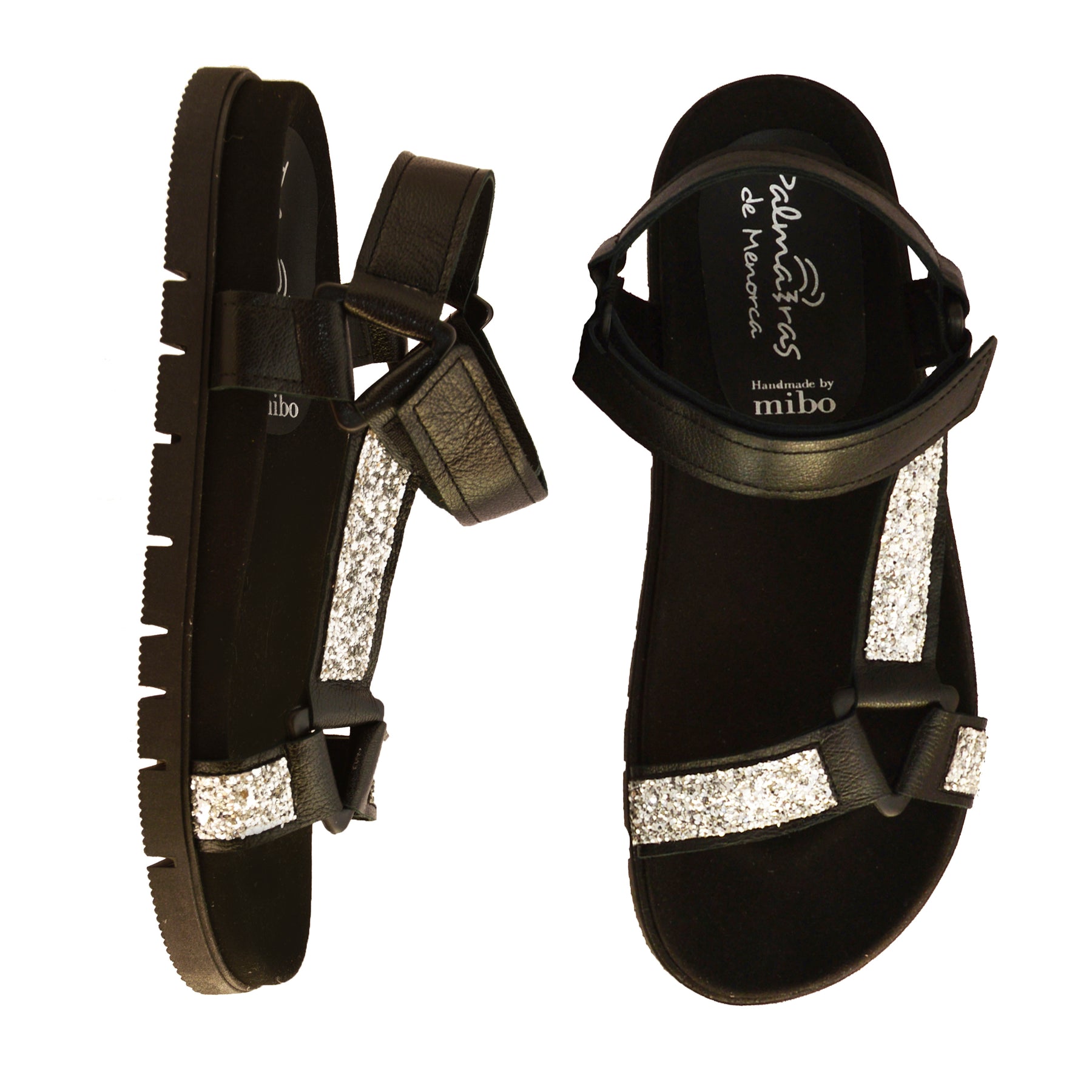 black metallic leather silver glitter strappy hiker sandals