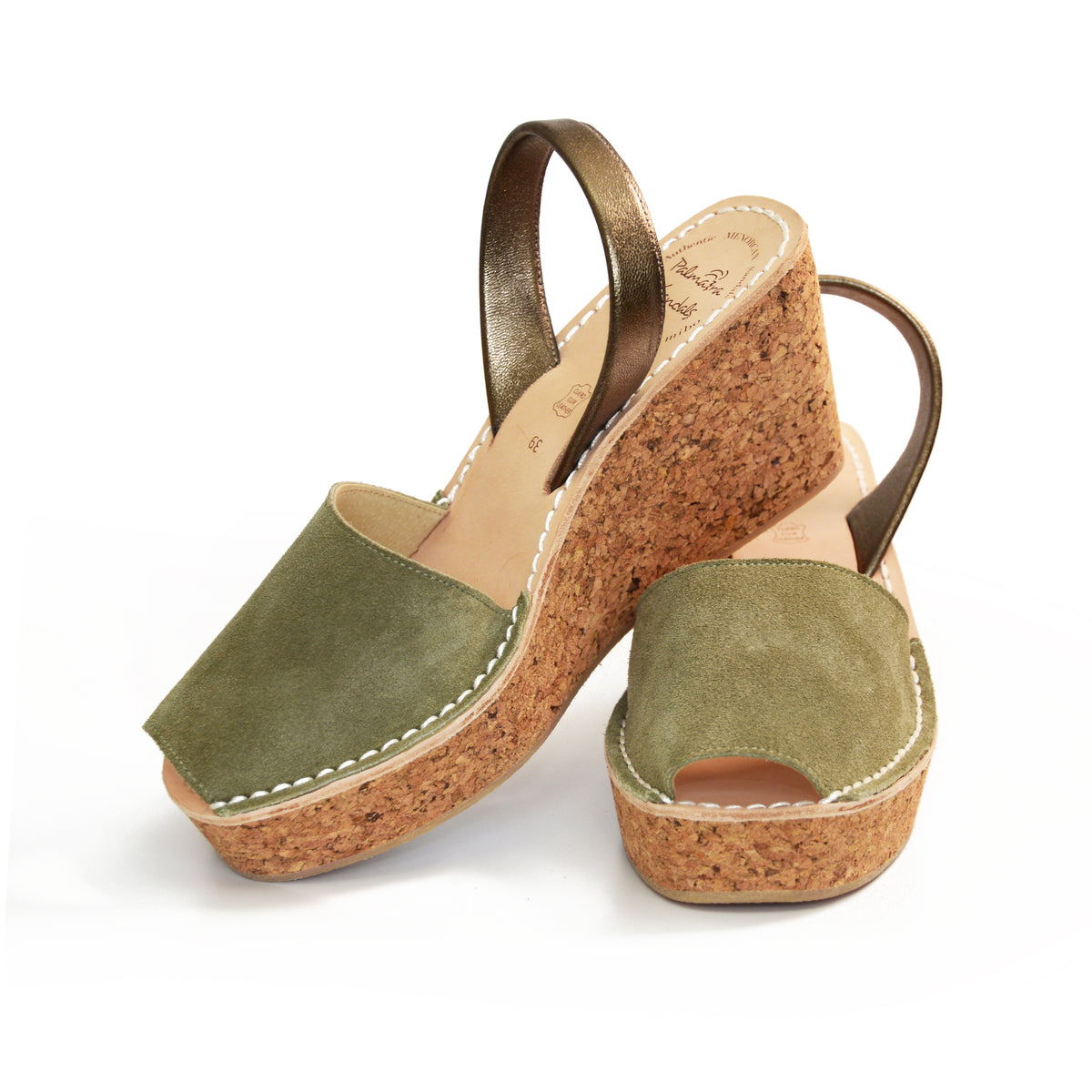 Khaki suede leather mid height avarca sandals with a lightweight cork wedge sole