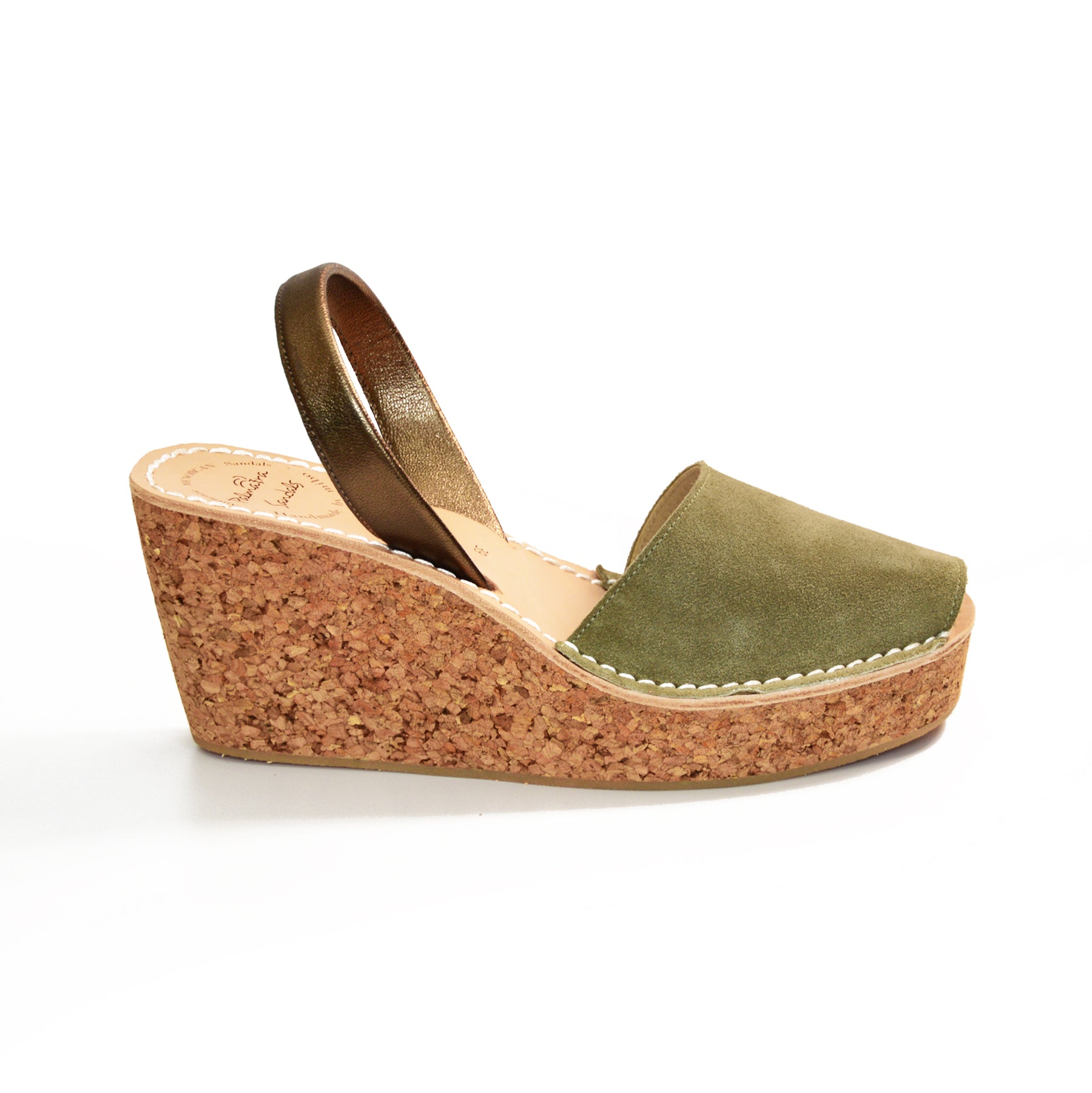Khaki suede leather mid height avarca sandals with a lightweight cork wedge sole
