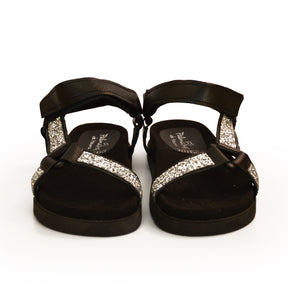 black metallic leather silver glitter strappy hiker sandals