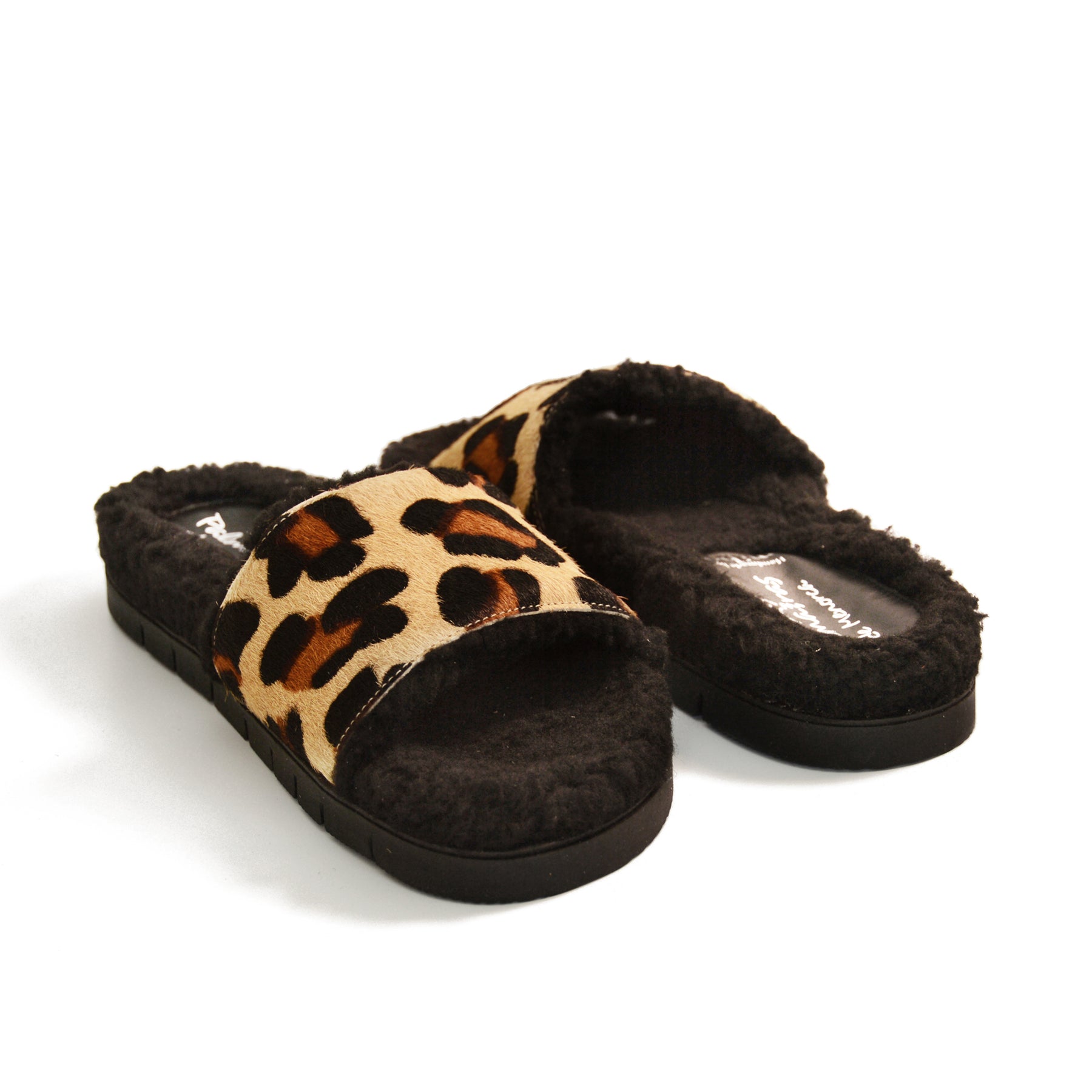 Leopard print hair on leather black wool lined slipper slide with arch support