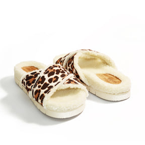leopard print leather crossover strap wool lined slipper slide with arch support